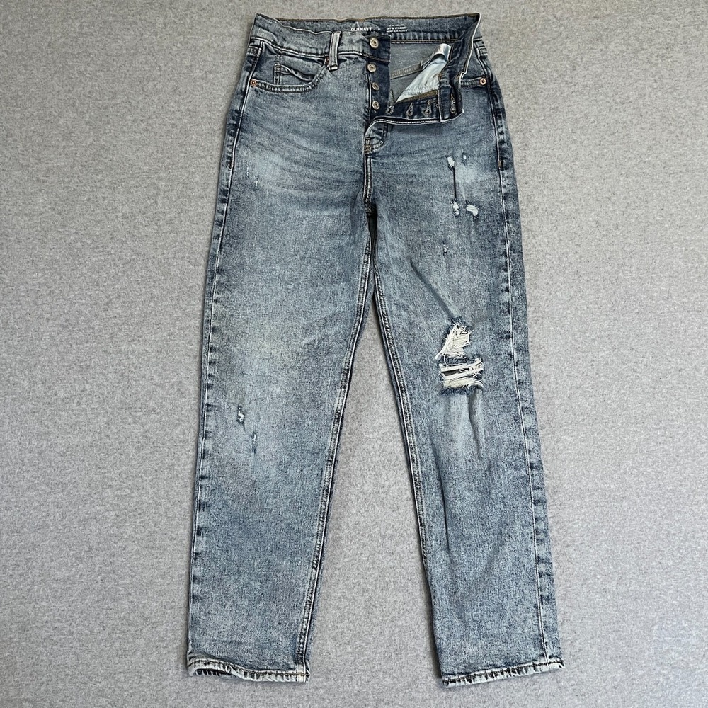 Old Navy Jeans Womens 4 Straight Extra High Rise Button Fly Distressed Denim